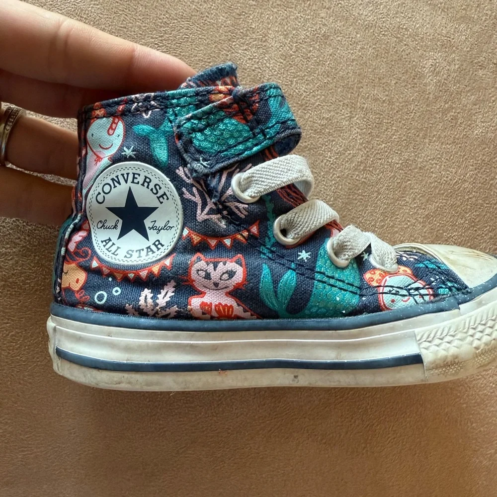 Converse 2 Pair Girls All Star Shoes Pink Size 4 and Mermaid Size 5 High Tops